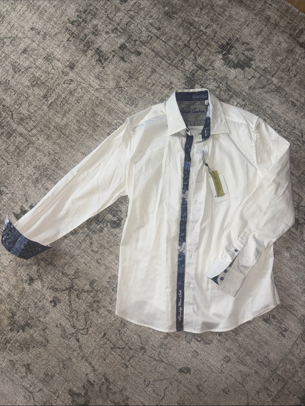 Robert Graham White Dress Shirt with Navy Contrast Trim